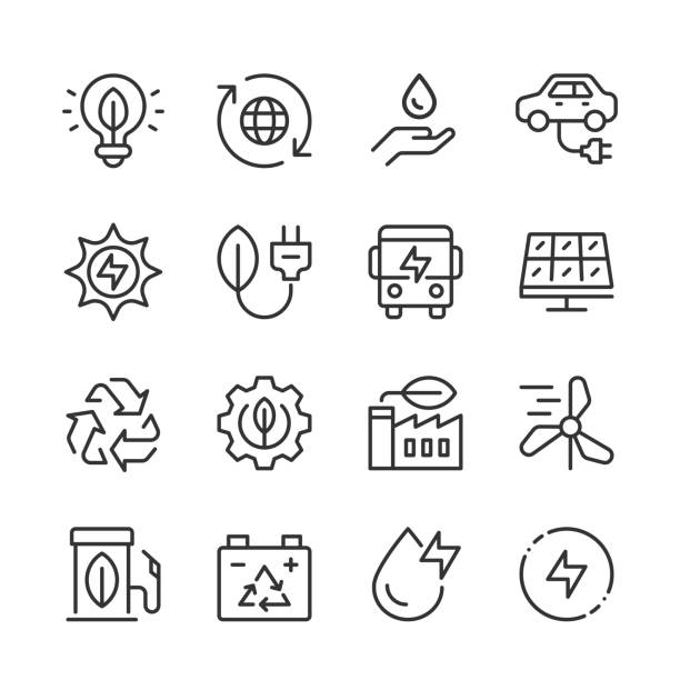 Green Energy Icons — Monoline Series Vector line icon set appropriate for web and print applications. Designed in 48 x 48 pixel square with 2px editable stroke. Pixel perfect. sustainable business stock illustrations