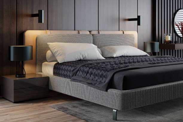 Black Luxury modern retro-style master bedroom stock photo