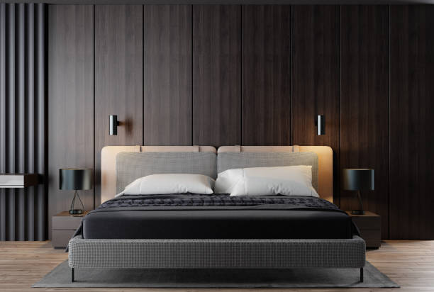 black luxury modern retro-style master bedroom - contemporary bed luxury hotel room imagens e fotografias de stock