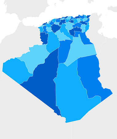 Algeria Blue map with Regions and national borders