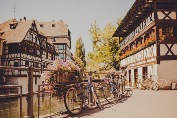 Summer trip to France. European country. French architecture. Film camera effect