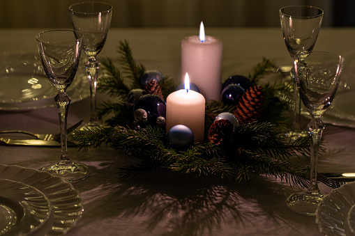 New Year's table. Christmas table setting in a dark key. new year and christmas fairy tale