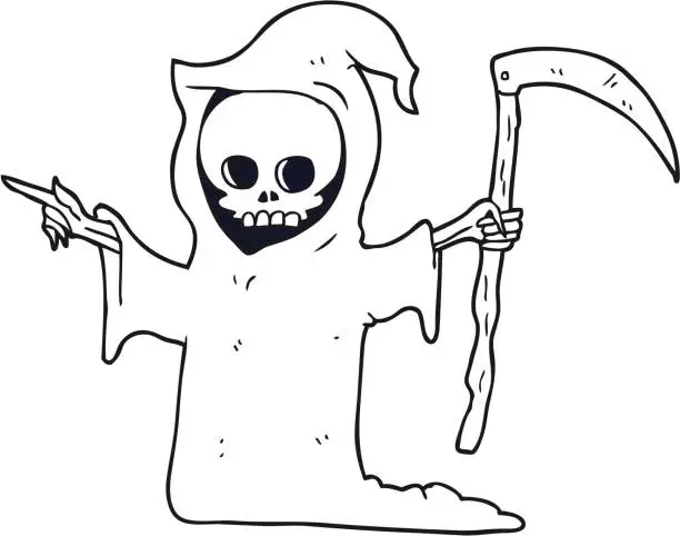 Vector illustration of freehand drawn black and white cartoon death with scythe