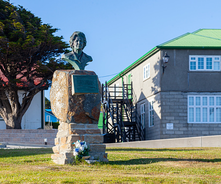 Bronze bust of Margaret Thatcher, former Prime Minister of the UK, 2015, by the Falklands Island sculptor Steve Massam, which commermorates her role in the Falklands War. On a brass plaque on the stone pedestal are her words, \