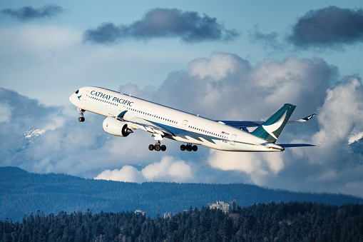 Cathay Pacific Airbus A350 taking off from Vancouver International Airport.\n\nDate: Dec 9, 2021