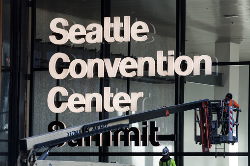 Seattle, USA - Dec 16, 2022: Construction on the new Seattle Convention Center Summit late in the day.