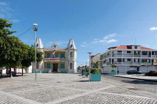 Guadeloupe, Le Moule - November 10 2022: View of the Town Hall of Le Moule and main square in Guadeloupe