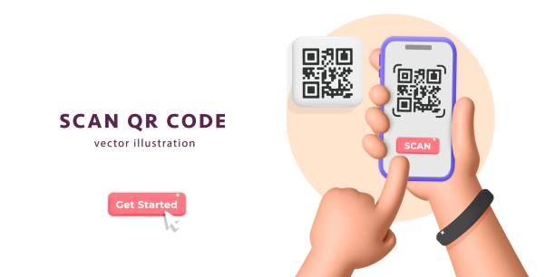 illustrazioni stock, clip art, cartoni animati e icone di tendenza di modello di banner vettoriale 3d per la scansione manuale del codice qr con il servizio app mobile su smartphone design - qr code marketing mobile phone coding