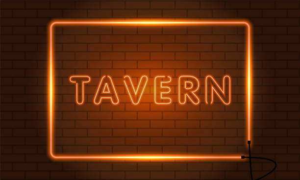 istock Neon sign tavern in a frame on brick wall background. Vintage electric signboard with bright neon lights. Orange light falls. Vector illustration 1454724994