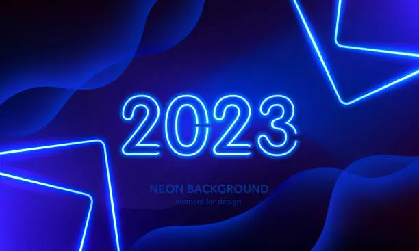 Vector illustration of Abstract neon background. 2023 Happy new year. Lights line, luminous rays squares, neon magic sword. Motion shine blue.