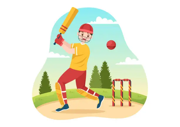 Vector illustration of Batsman Playing Cricket Sport Illustration with Bat and Balls in the Field for Championship in Flat Cartoon Hand Drawn Templates