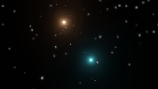 View of glowing yellow star and blue from glass dome telescope gap (3D Rendering)