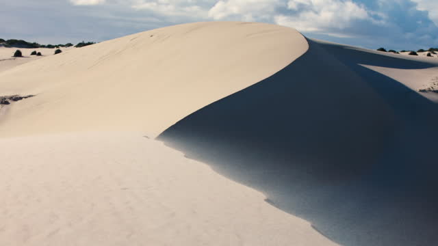 Wide shot of sand blowing across desert dunes during wind storm with warm afternoon light