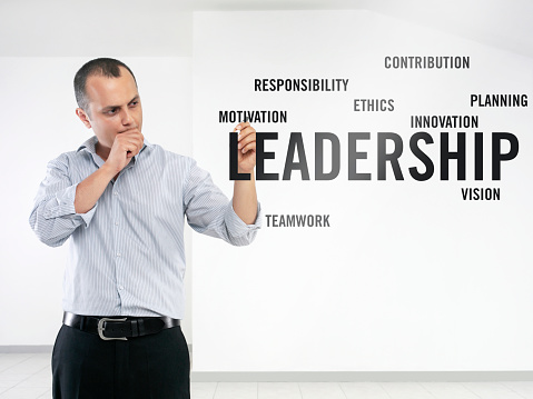 Businessman writing Leadership components on a transparent wipe board