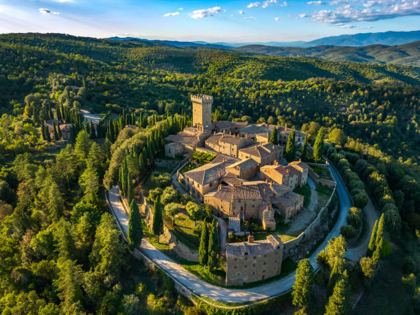 Drone view of Castello di Gargonza, a fortified borough located in the province of Arezzo