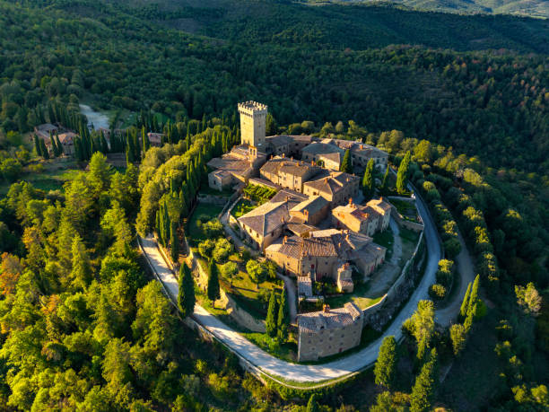 istock Gargonza, Tuscan medieval small fort town from drone 1454732725