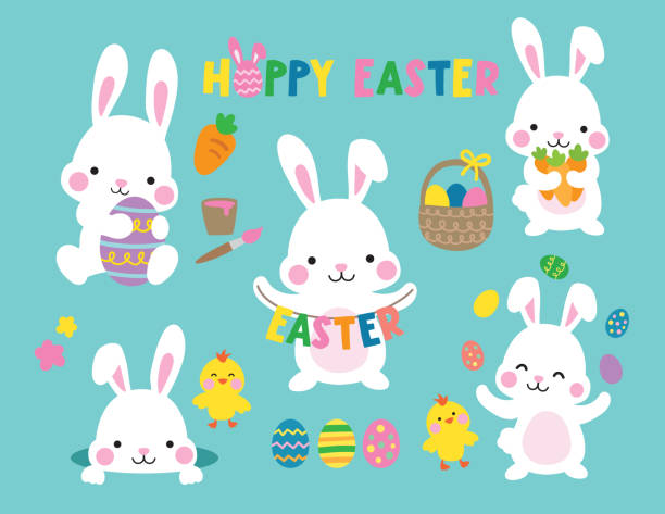 White Easter Bunnies with Easter Eggs and Chicks Vector Illustration. White Easter bunny rabbits with Easter eggs and little chicks vector illustration set. easter bunny stock illustrations