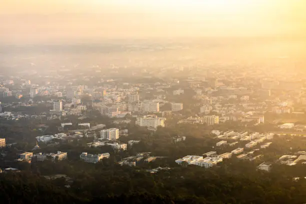 Aerial view of Chiangmai with PM 2.5 pollution covering the city in morning.