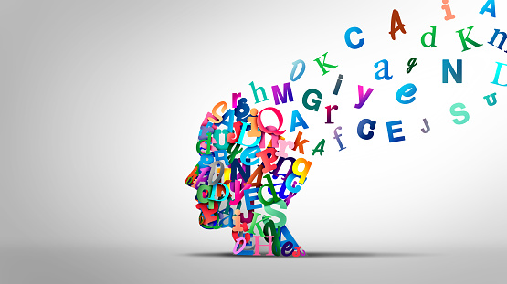Learning to read and reading comprehension or language spoken and Autistic spectrum or Dyslexia disorder concept as a human head made of Alphabet letters as a symbol for education and mental health in a 3D illustration style.