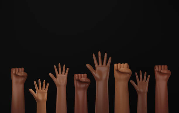gente levantando sus puños sobre fondo negro mes de la historia negra, - black civil rights fotografías e imágenes de stock