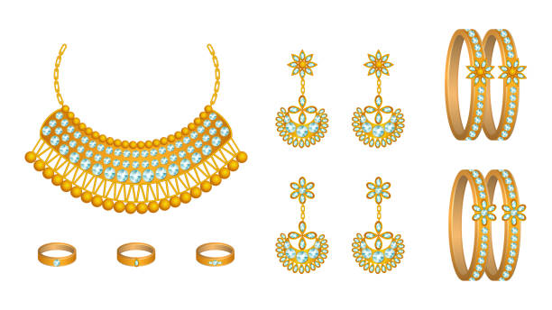 vector of realistic gold jewelry set, realistic vector of necklace, bangles, rings and earrings. vector of realistic gold jewelry set, realistic vector of necklace, bangles, rings and earrings. bangle stock illustrations