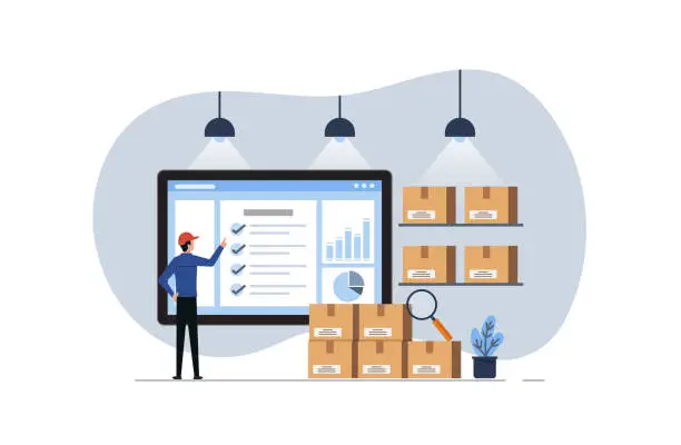 Vector illustration of Inventory control by online system, inventory management with goods demand, professional worker is checking goods and stock supply