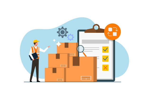 ilustrações de stock, clip art, desenhos animados e ícones de inventory control system concept, professional manager checking goods and stock supply, inventory management with goods demand - document shipping freight transportation form