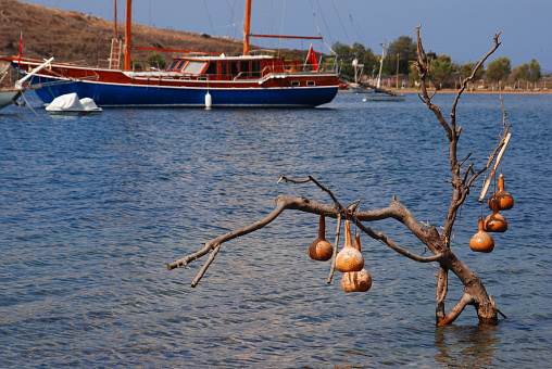 Gumusluk Bodrum, Myndos antic city and  handmade ornaments hanged on a white painted tree