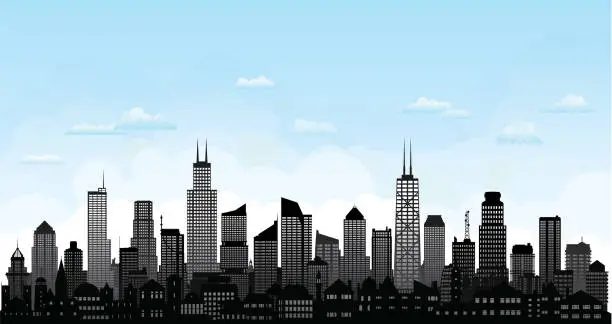 Vector illustration of Chicago Skyline Silhouette (All Buildings Are Complete and Moveable)