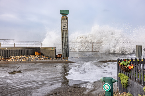 Pacifica California, USA - January 6, 2023: As a weather phenomena known as a bomb cyclone touched down in Northern California, widespread flooding and damage occurred, including in Pacifica, a costal hamlet a short drive South from San Francisco.