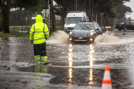 Pacifica California, USA - January 5, 2023: As a weather phenomena known as a bomb cyclone touched down in Northern California, widespread flooding and damage occurred, including in Pacifica, a costal hamlet a short drive South from San Francisco.