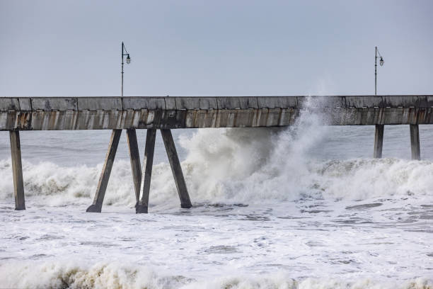 Pacifica California, USA - January 6, 2023: As a weather phenomena known as a bomb cyclone touched down in Northern California, widespread flooding and damage occurred, including in Pacifica, a costal hamlet a short drive South from San Francisco.