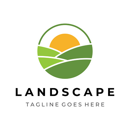 Green landscape logo creative design with farmland or plantations and hills.Logo for natural and agricultural products.