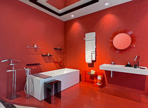 istock Modern luxury bathroom interior in red color 1454746433