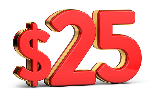 3d golden $25 isolated on background. 3d illustration.