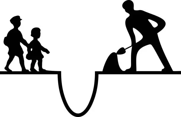 Vector illustration of A man digging a big hole and a boy and a girl watching it / illustration material (vector illustration)