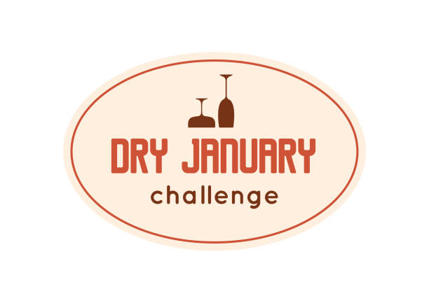 stockillustraties, clipart, cartoons en iconen met dry january challenge graphic print with overturned wine glasses and text on beige ellipse in retro style. - dry january
