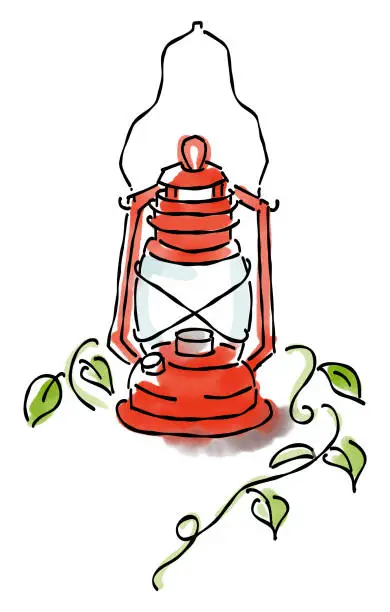 Vector illustration of A red lamp and green vine - handwritten illustration