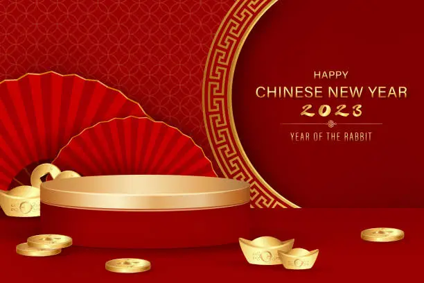 Vector illustration of Stage podium for product presentation display with oriental style decoration in background for Chinese new year 2023 year of rabbit