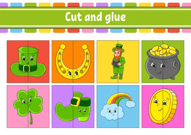 Vector illustration of Cut and play. Paper game with glue. Flash cards. Education worksheet. Activity page. St. Patrick's Day. Isolated vector illustration. cartoon style.