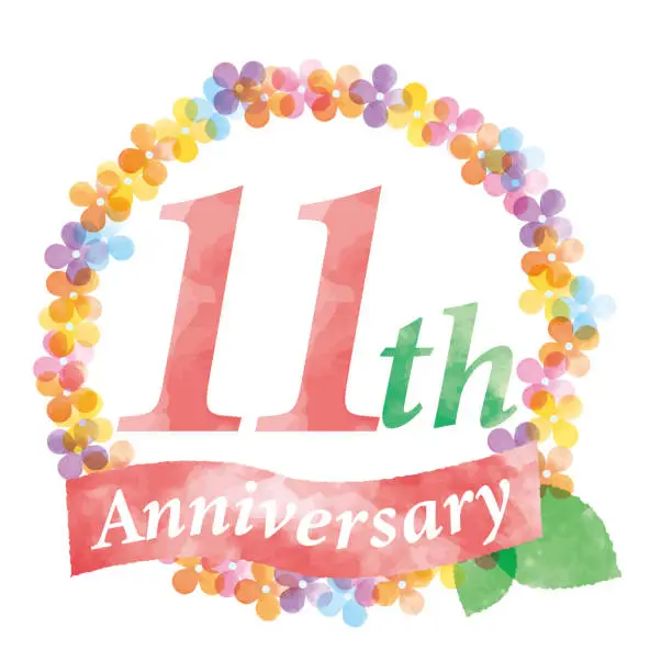 Vector illustration of 11th anniversary frame decorated with colorful flowers