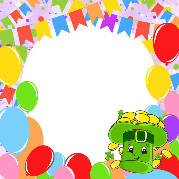 istock Happy birthday greeting card with a cute cartoon character. With copy space for your text. Picture on the background of bright balloons, confetti and garlands. Vector illustration. 1454756560