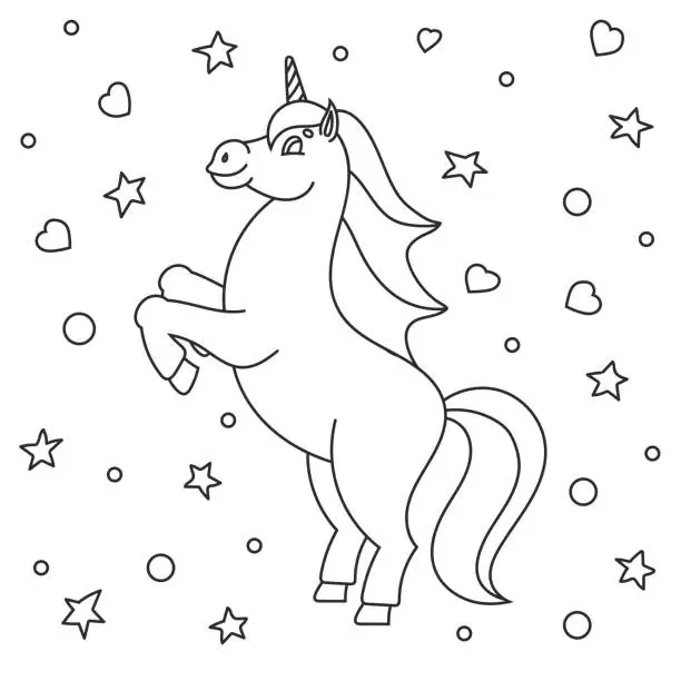 Vector illustration of Coloring book for kids. The magical unicorn reared up. The animal horse stands on its hind legs. Cartoon style. Simple flat vector illustration.