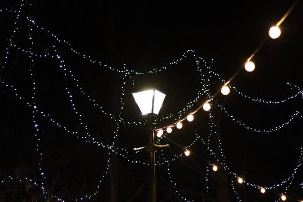 istock Vintage street light at night surrounded by strings of tree lights 1454759374