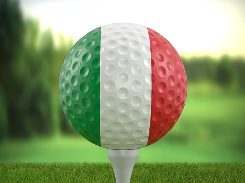 Golf ball Italy flag on a golf course. 3d illustration.