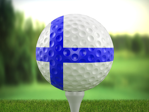 Golf ball Finland flag on a golf course. 3d illustration.