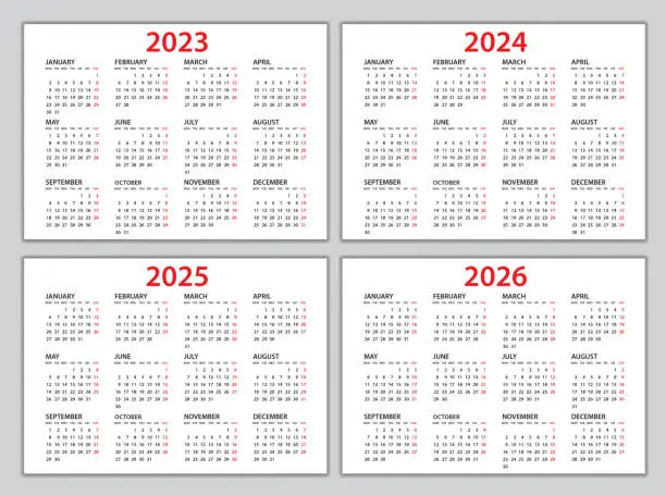 Vector illustration of Calendar 2023, 2024, 2025, 2026 template, Planner 2023, 2024, 2025, 2026 year, Wall calendar 2023, 2024, 2025, 2026 template, Week Starts Monday, Set of 12 calendar, advertisement, printing