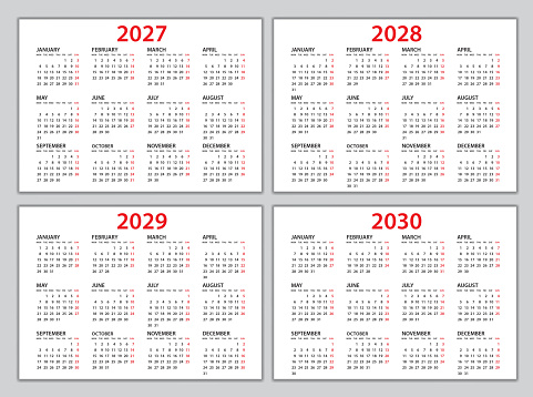 Calendar 2027, 2028, 2029, 2010 template, Planner 2027, 2028, 2029, 2010 year, Wall calendar 2027, 2028, 2029, 2010 template, Week Starts Monday, Set of 12 calendar, advertisement, printing