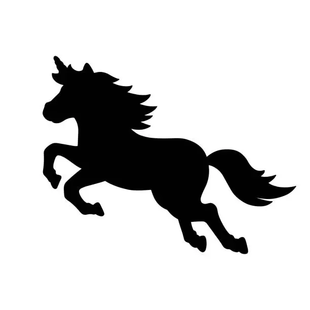 Vector illustration of Magic unicorn. Fairy horse. Black silhouette. Design element. Vector illustration isolated on white background. Template for books, stickers, posters, cards, clothes.
