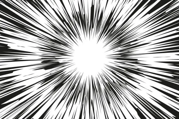 Vector illustration of Speed lines in frame for manga comics book. Radial motion background. Monochrome explosion and flash glow. Vector